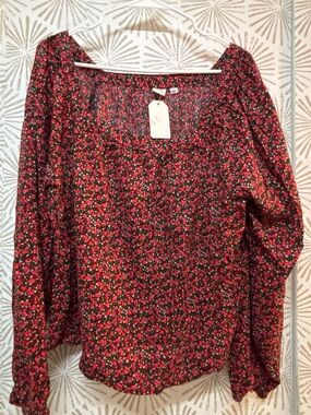 GAP Red and Black Floral Square-Neck Long Sleeve Blouse